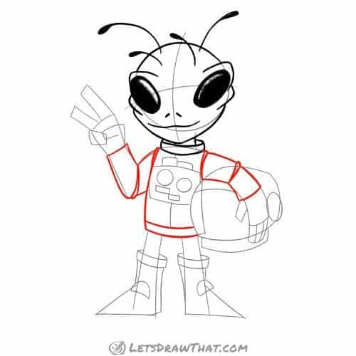 Drawing step: Draw the alien's jacket