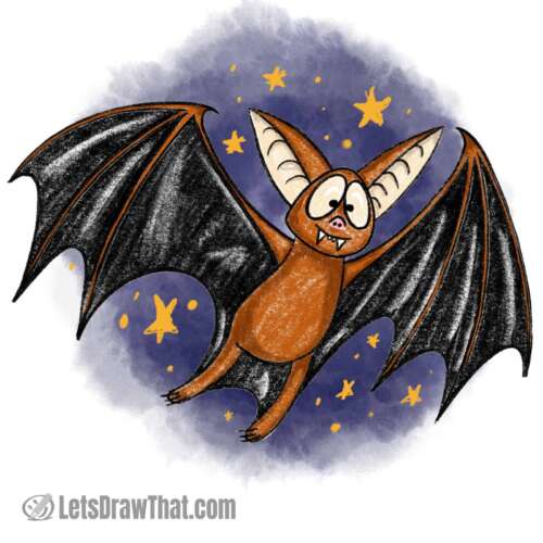 How to draw a bat: finished drawing coloured-in