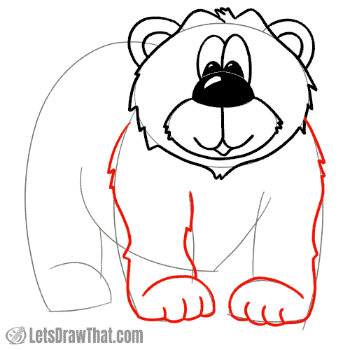 Drawing step: Draw the bear's front legs and paws