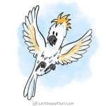 How to draw a bird: finished parrot drawing coloured-in as sulphur-crested cockatoo