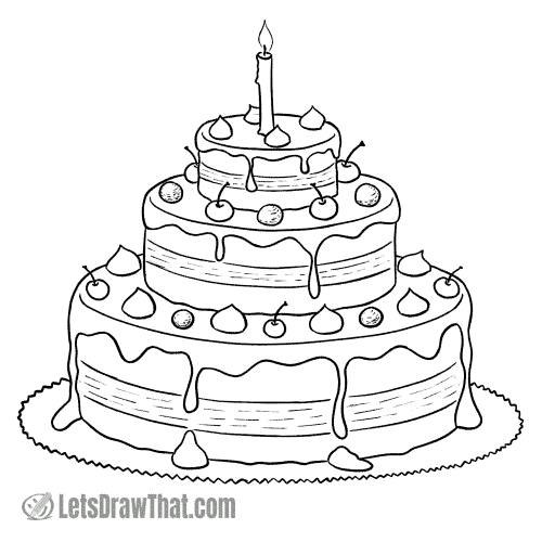 How to draw a cake: finished outline drawing