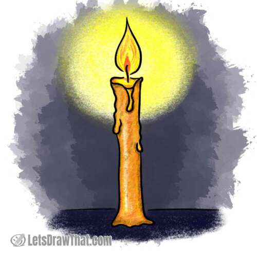 How to draw a candle: finished candle drawing coloured-in