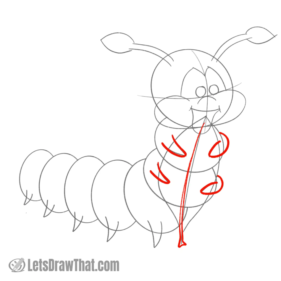 Drawing step: Draw the front feet and leaf midrib