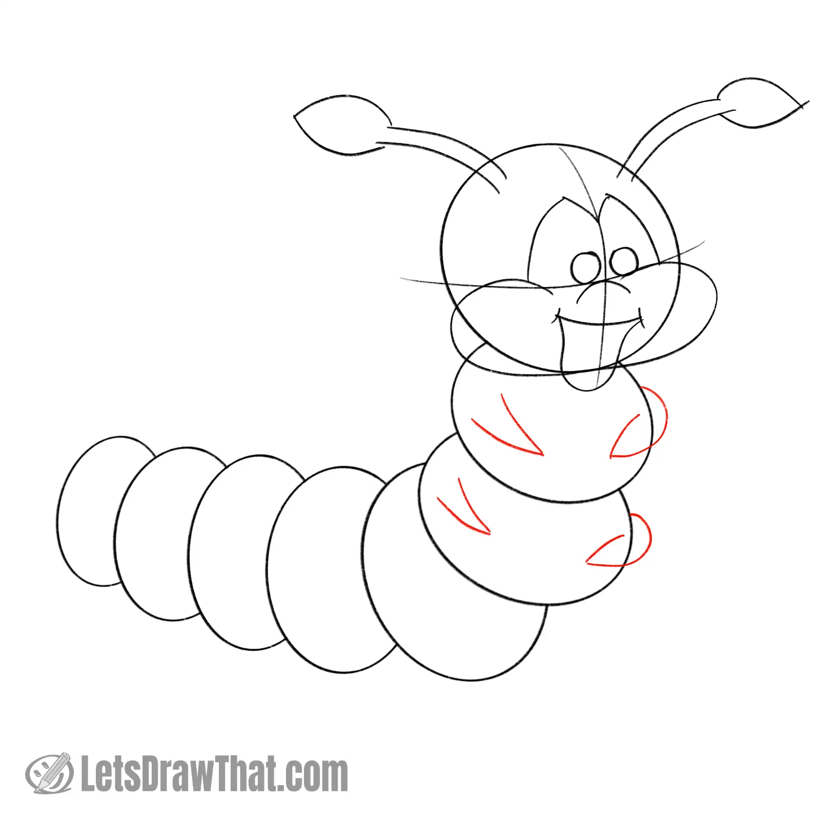 Drawing step: Sketch the caterpillar's "hands"