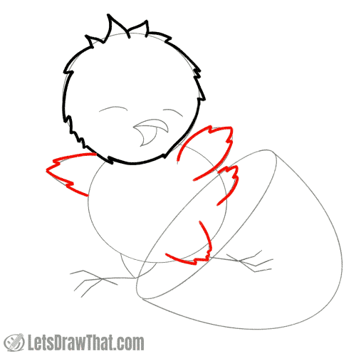 Drawing step: Draw the chick's wings, tail and thights