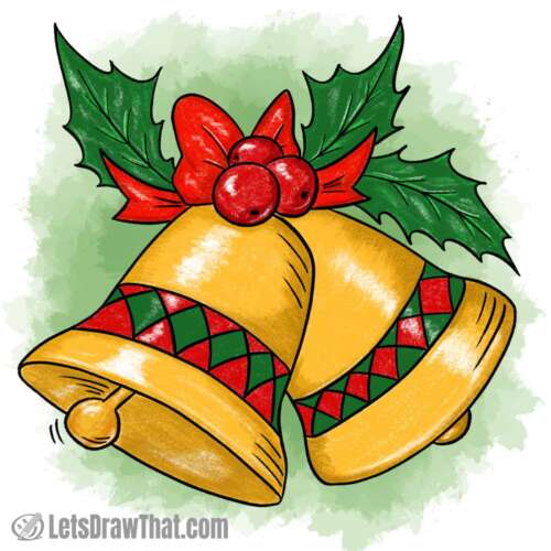 How to draw Christmas bells: finished drawing coloured-in