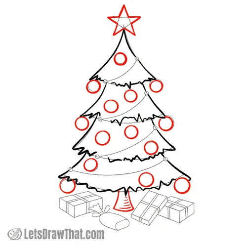 Drawing step: Outline the Christmas decorations and trunk