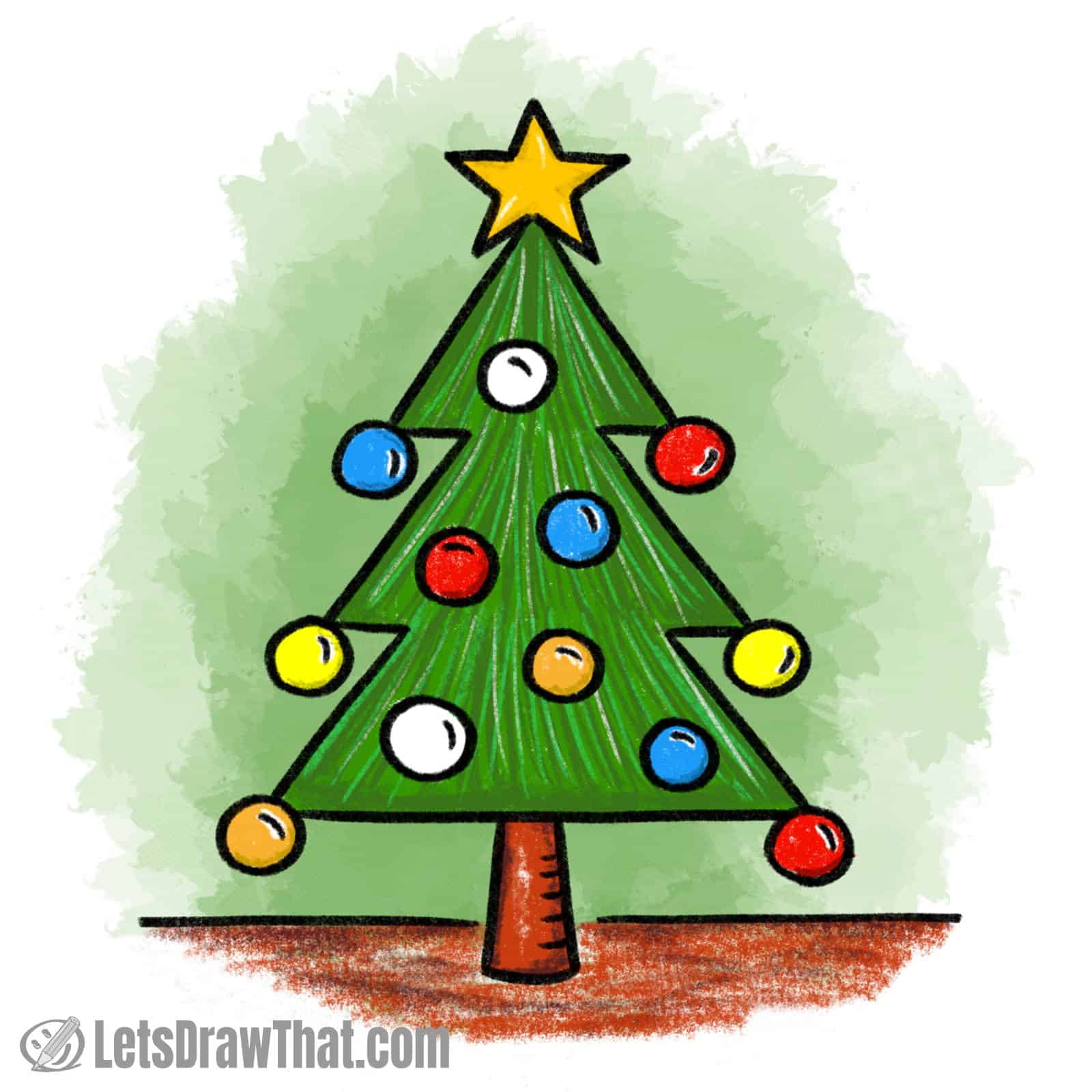 Easy Christmas tree drawing coloured-in