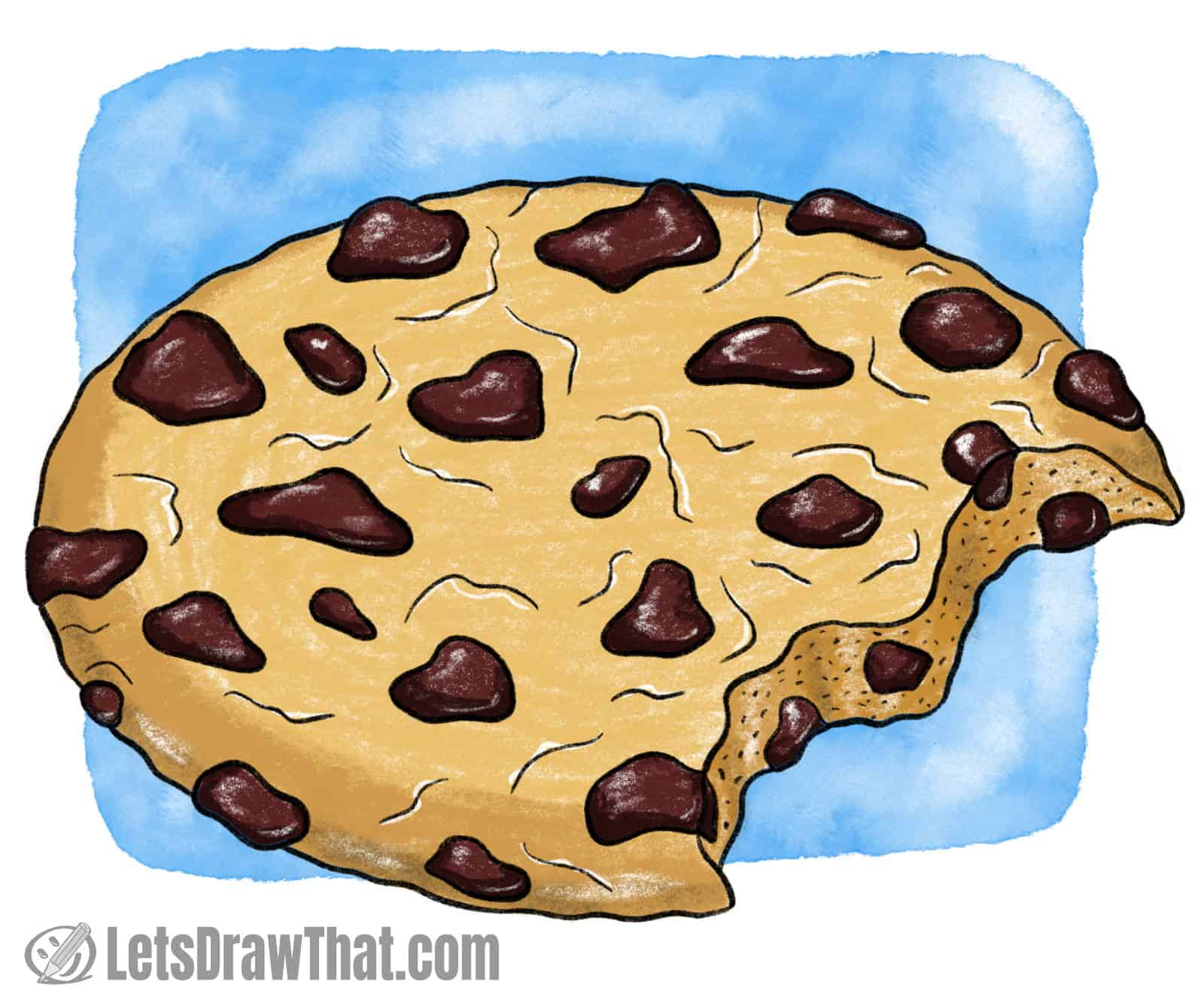 How to draw a cookie from the side view: finished drawing coloured-in