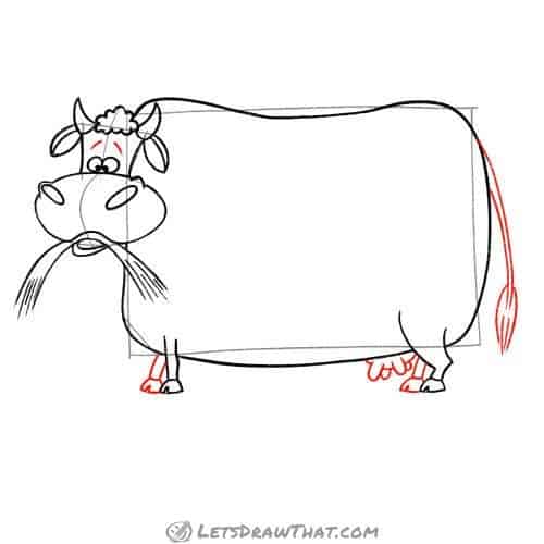 Drawing step: Draw the cow's legs, tail and udder