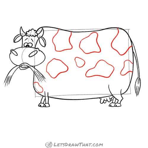 Drawing step: Draw the spots on the cow's hide