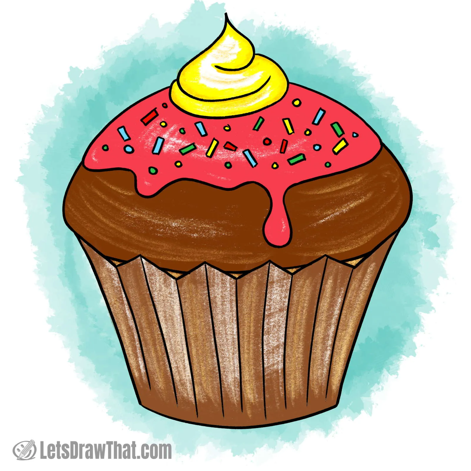 How to draw a cupcake: finished drawing coloured-in