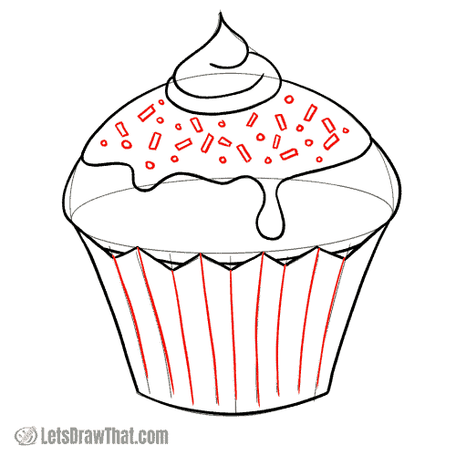 Drawing step: Draw some sprinkles and cup folds