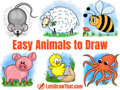 Easy animals to draw article featured image with a simple cartoon mouse, sheep, bumblebee, pig, chick, and octopus drawings