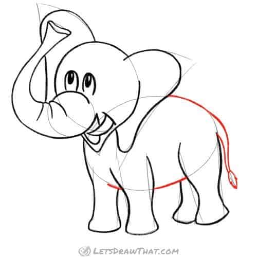 Drawing step: Finish drawing the elephant's body and tail