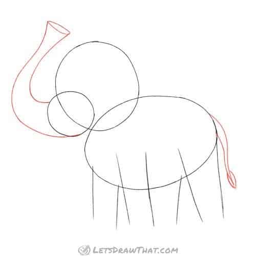 Drawing step: Draw the elephant's trunk and tail