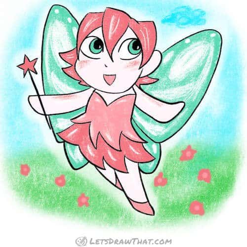 How to draw a fairy: finished drawing coloured-in pink and turquoise