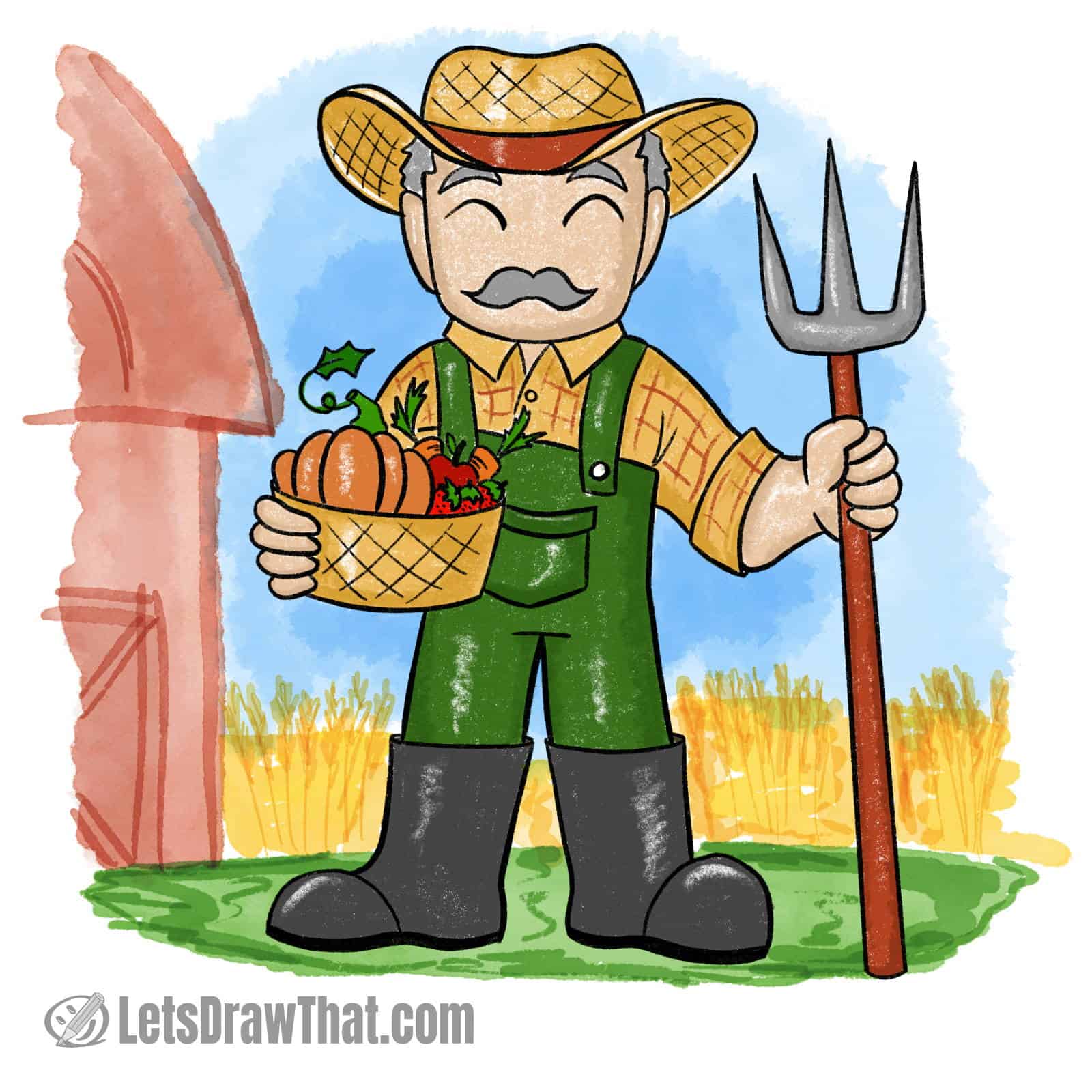 How to draw a farmer: finished drawing coloured-in