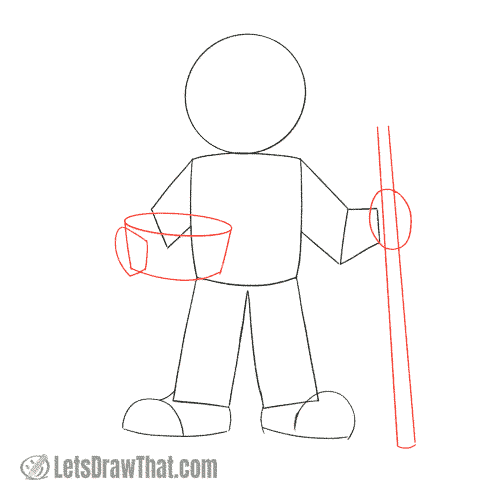 Drawing step: Sketch the farmer's hands holding the basket and pitchfork shaft