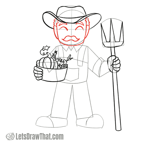 Drawing step: Draw the farmer's face