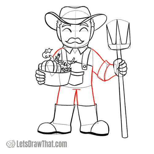 Drawing step: Draw the rest of the farmer's body