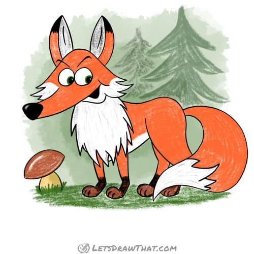 How to draw a fox: finished drawing coloured-in