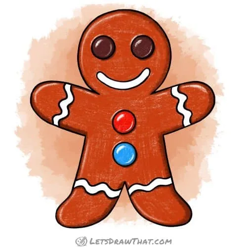 How to draw a gingerbread man: finished drawing coloured-in