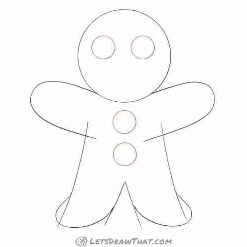 Drawing step: Draw the gingerbread man's eyes and buttons