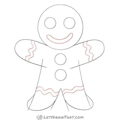 Drawing step: Draw the decorations on the gingerbread man