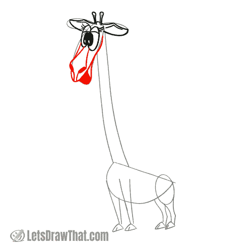 Drawing step: Draw the giraffe's nose and mouth