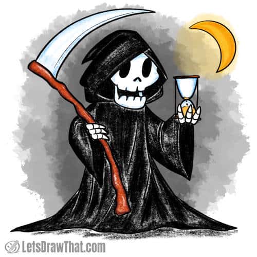 How to draw the Grim Reaper: finished drawing coloured-in