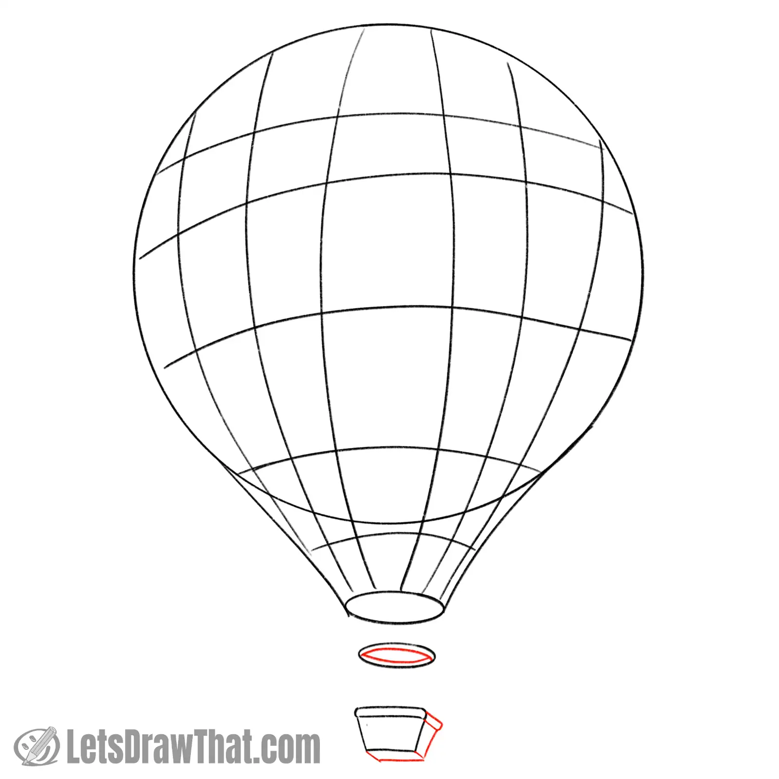 Drawing step: Draw the hot air balloon basket completely