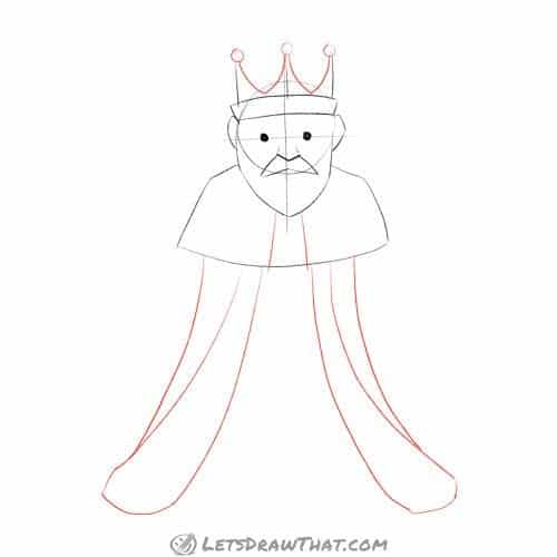 Drawing step: Add detail to the king's crown and draw the cape