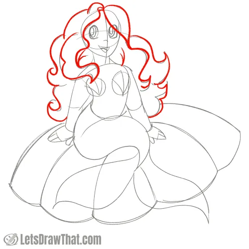 Drawing step: Draw the mermaid’s flowing hair