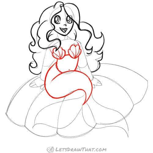 Drawing step: Outline the mermaid’s body and tail