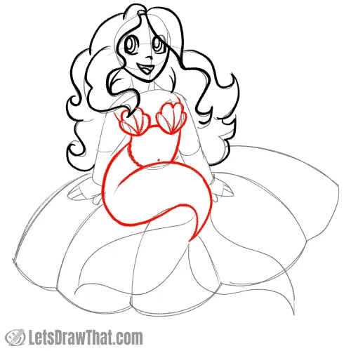 Drawing step: Outline the mermaid’s body and tail