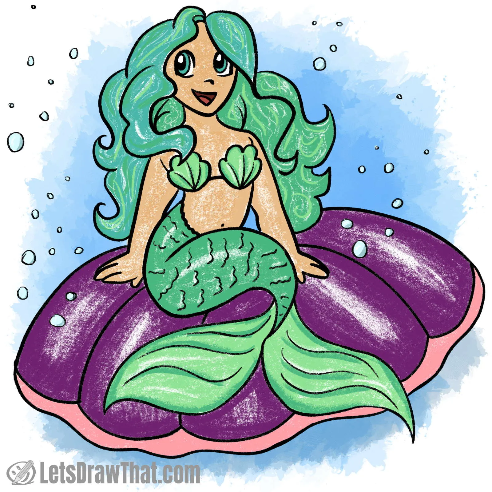 How to draw a mermaid: finished drawing coloured-in