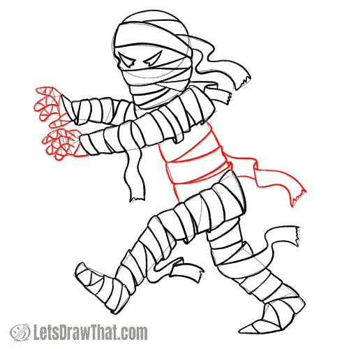 Drawing step: Draw the bandages around the mummy's body and figers