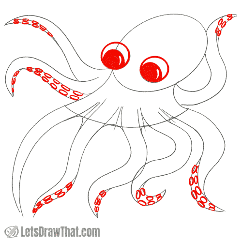 Drawing step: Draw the octopus's eyes and suction cups on tentacles