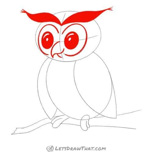Drawing step: Draw the owl's face