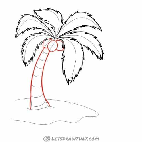 Drawing step: Draw the coconuts and the palm tree trunk