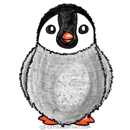 How to draw a penguin chick: finished drawing coloured-in