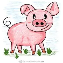How to draw a pig: finished drawing coloured-in