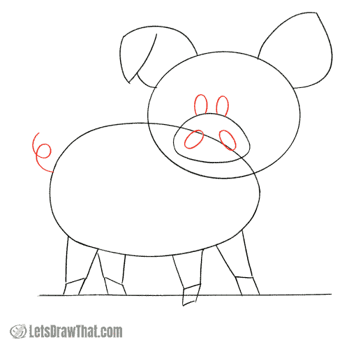 Drawing step: Draw the pig’s face and tail