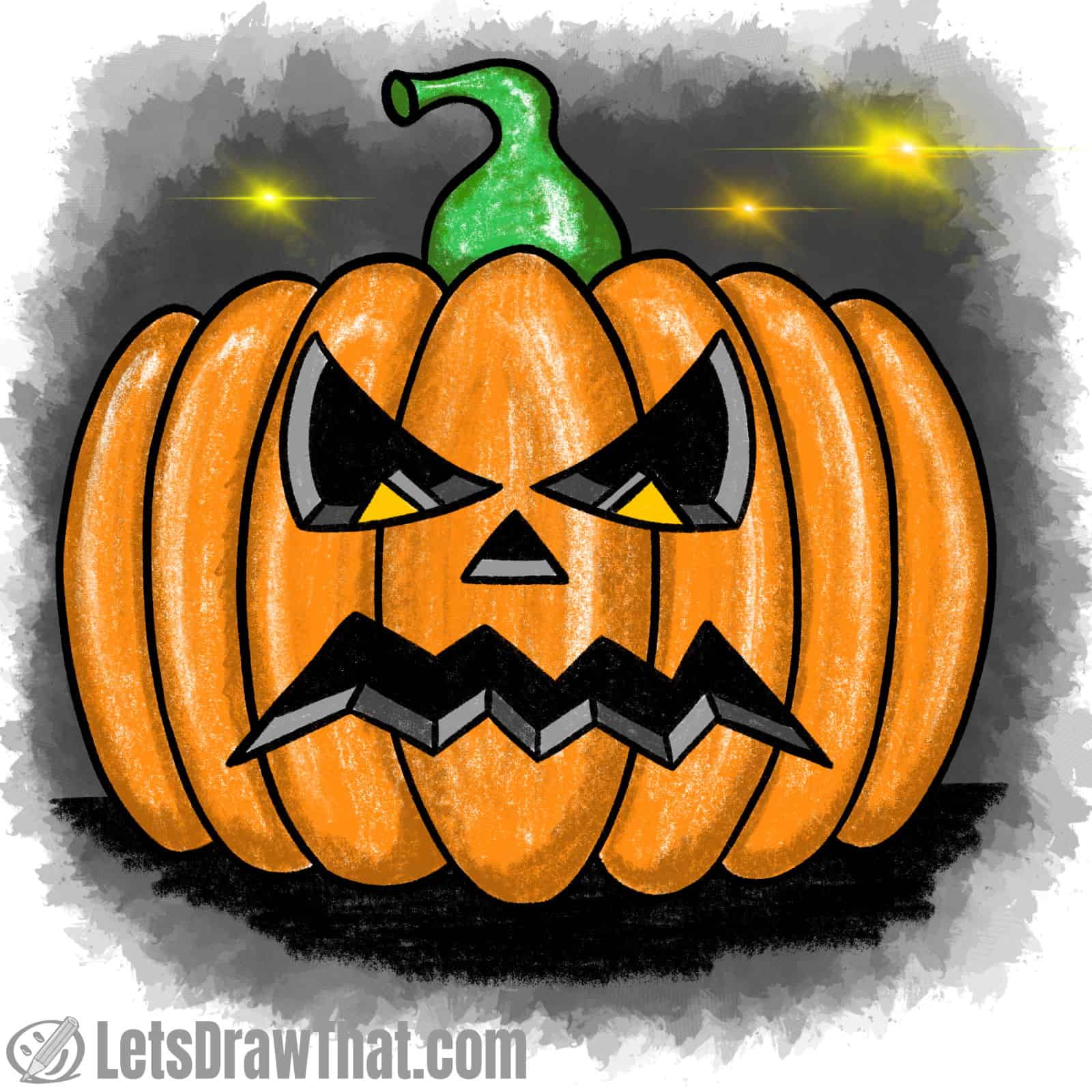 Drawing pumpkin faces:  angry pumpkin face drawing coloured-in