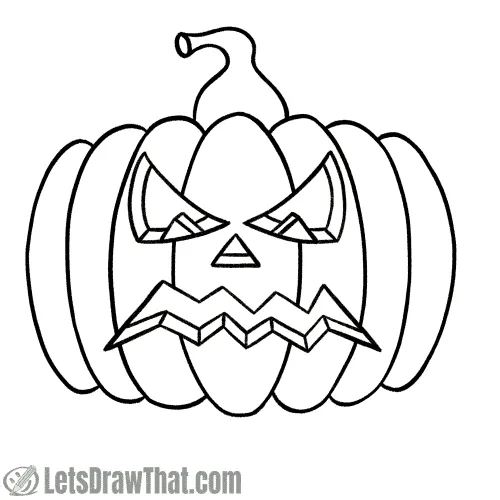 Drawing pumpkin faces: finished angry pumpkin face outline drawing