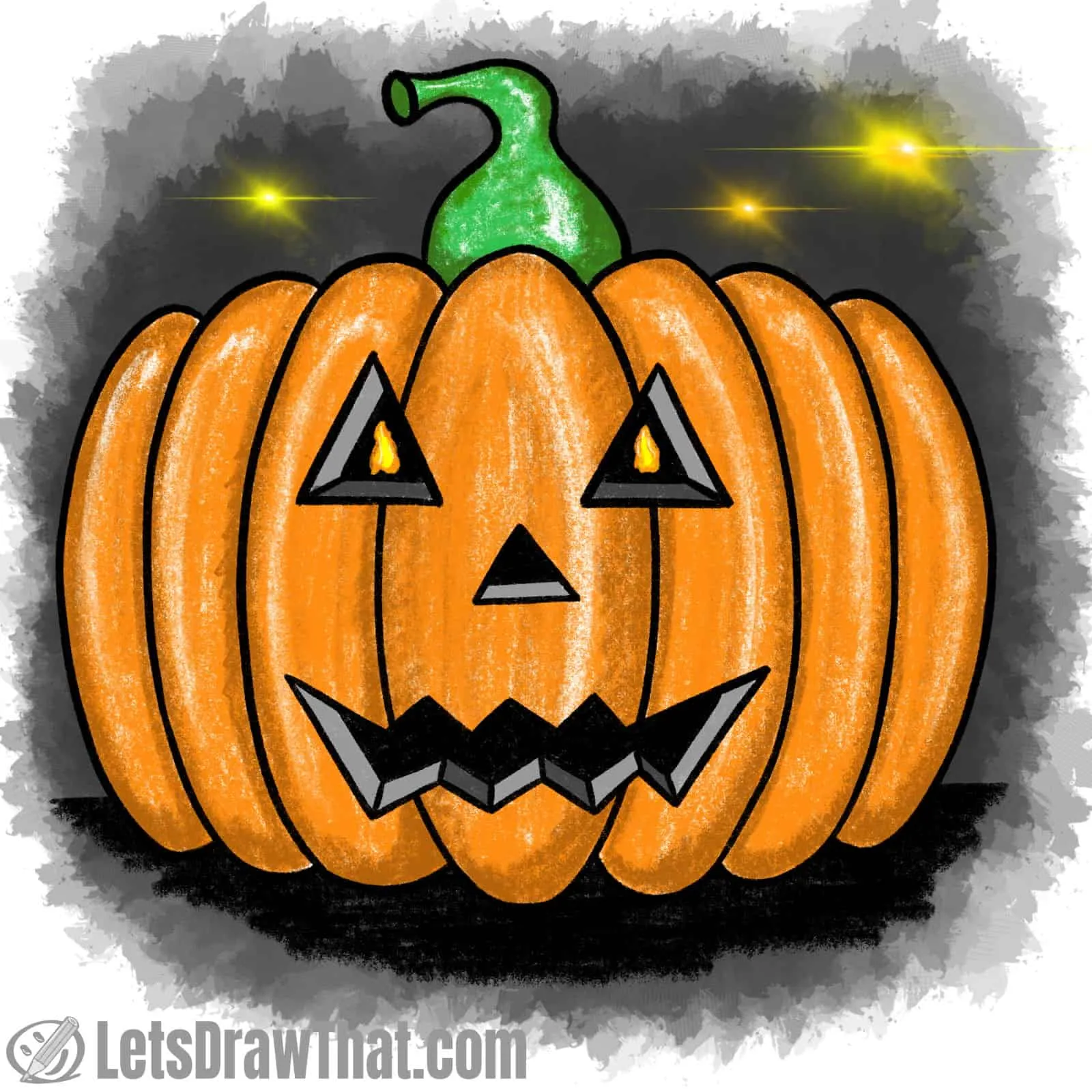Drawing pumpkin faces: finished classic pumpkin face drawing coloured-in