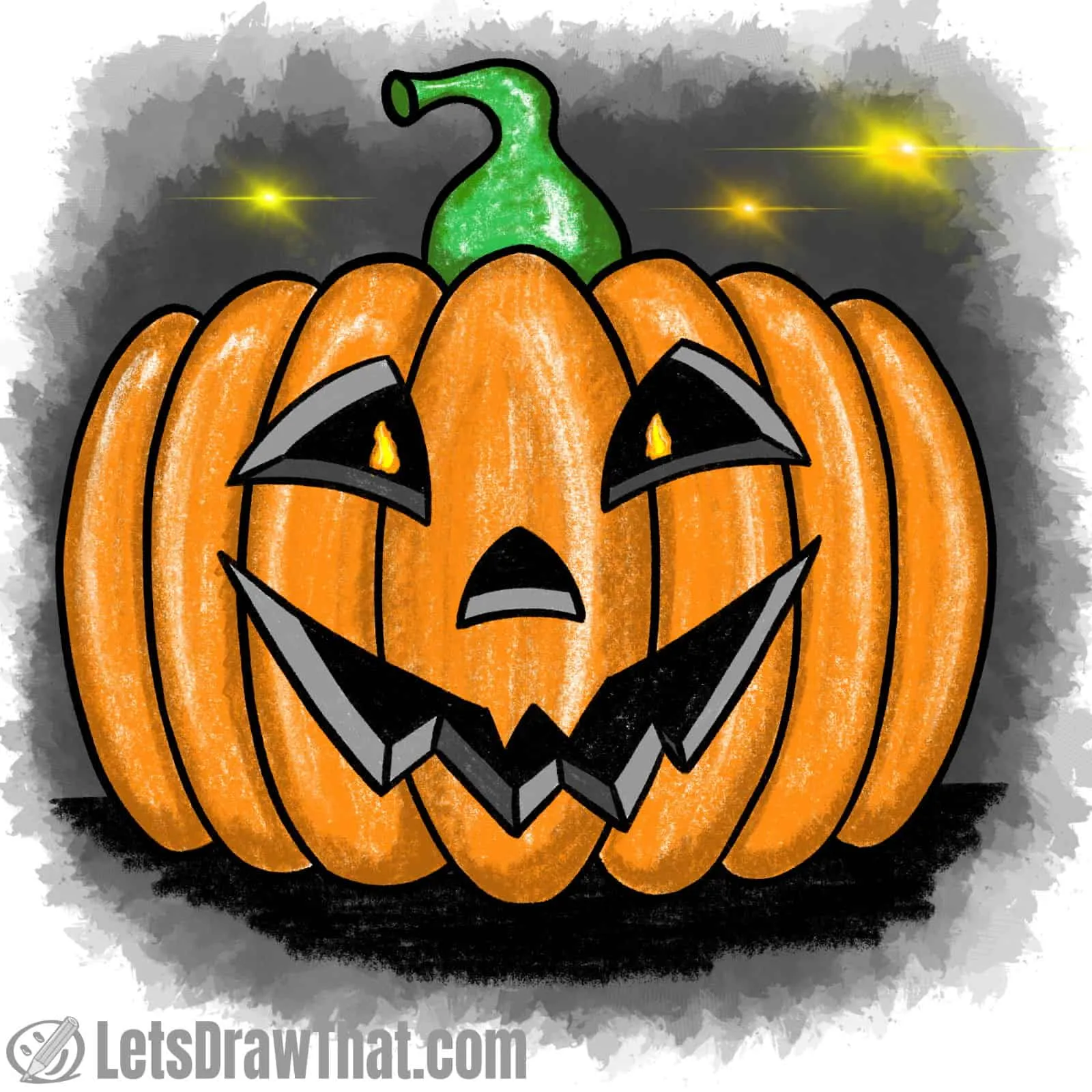 Drawing pumpkin faces: happy pumpkin face drawing coloured-in