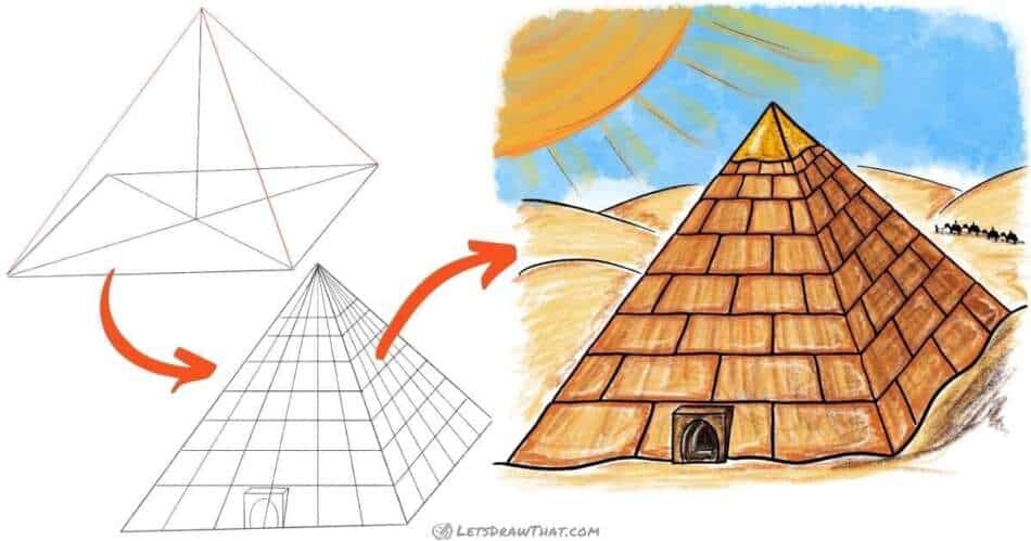 How to draw a pyramid with a stone pattern in 3D view - step-by-step-drawing tutorial featured image