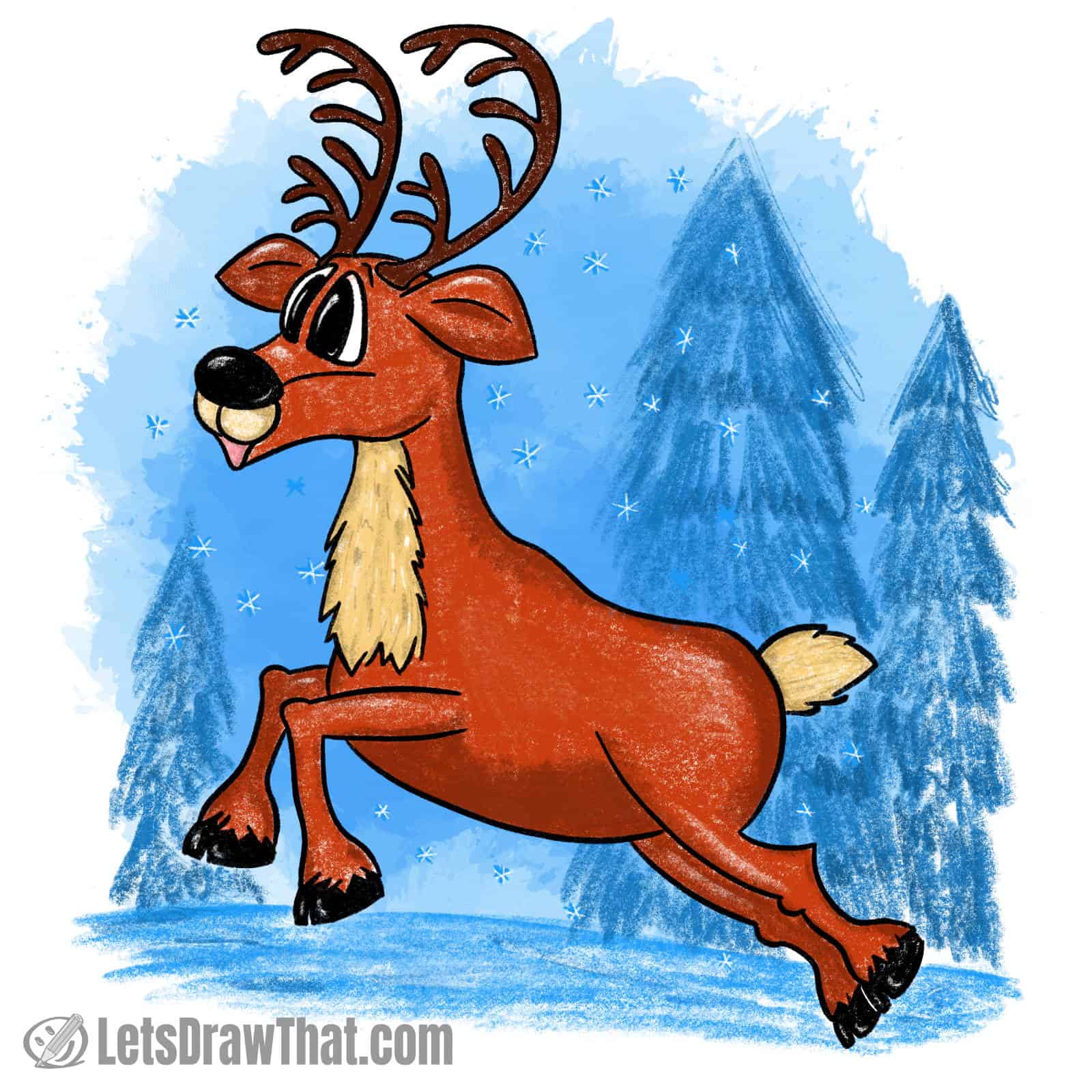 How to draw a reindeer: finished drawing coloured-in